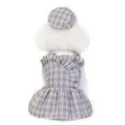 ペットウェア ワンピース 犬服 猫服 ドッグ キャット フレア フリル チェック 袖あり 重ね着風 帽子付き ガーリー カジュアル かわいい お散歩 お出かけ デイリー 普段使い おしゃれ イヌ ネコ グレー ピンク