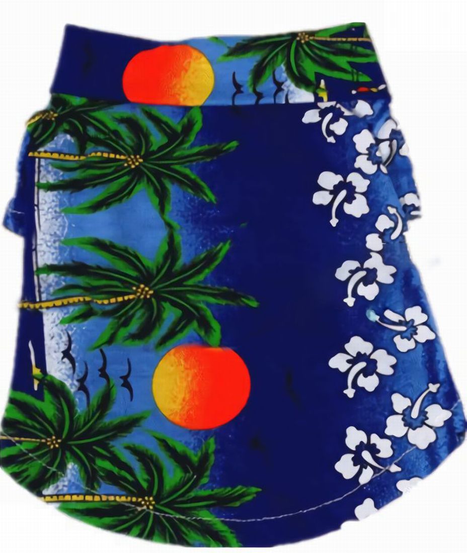 ドッグウェア アロハシャツ 犬服 犬用 犬 ドッグ ペット用品 カラフル 花柄 ハイビスカス ヤシの木 夕日 夏 ブルー ホワイト イエロー お出かけ お散歩