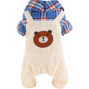 ドッグウェア ペットウェア つなぎ カバーオール ペット服 ペット用品 犬 いぬ 猫 ねこ 犬服 猫服 袖あり 襟あり 前開き スナップボタン チェック柄 コーデュロイ 重ね着風 オーバーオール風 クマ 歩 お出かけ お洒落 可愛い 超小型犬 小型犬 中型犬 XS S M L XL 2XL