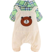 ドッグウェア ペットウェア つなぎ カバーオール ペット服 ペット用品 犬 いぬ 猫 ねこ 犬服 猫服 袖あり 襟あり 前開き スナップボタン チェック柄 コーデュロイ 重ね着風 オーバーオール風 クマ 歩 お出かけ お洒落 可愛い 超小型犬 小型犬 中型犬 XS S M L XL 2XL