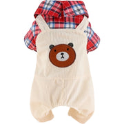 ドッグウェア ペットウェア つなぎ カバーオール ペット服 ペット用品 犬 いぬ 猫 ねこ 犬服 猫服 袖あり 襟あり 前開き スナップボタン チェック柄 コーデュロイ 重ね着風 オーバーオール風 クマ 歩 お出かけ お洒落 可愛い 超小型犬 小型犬 中型犬 XS S M L XL 2XL