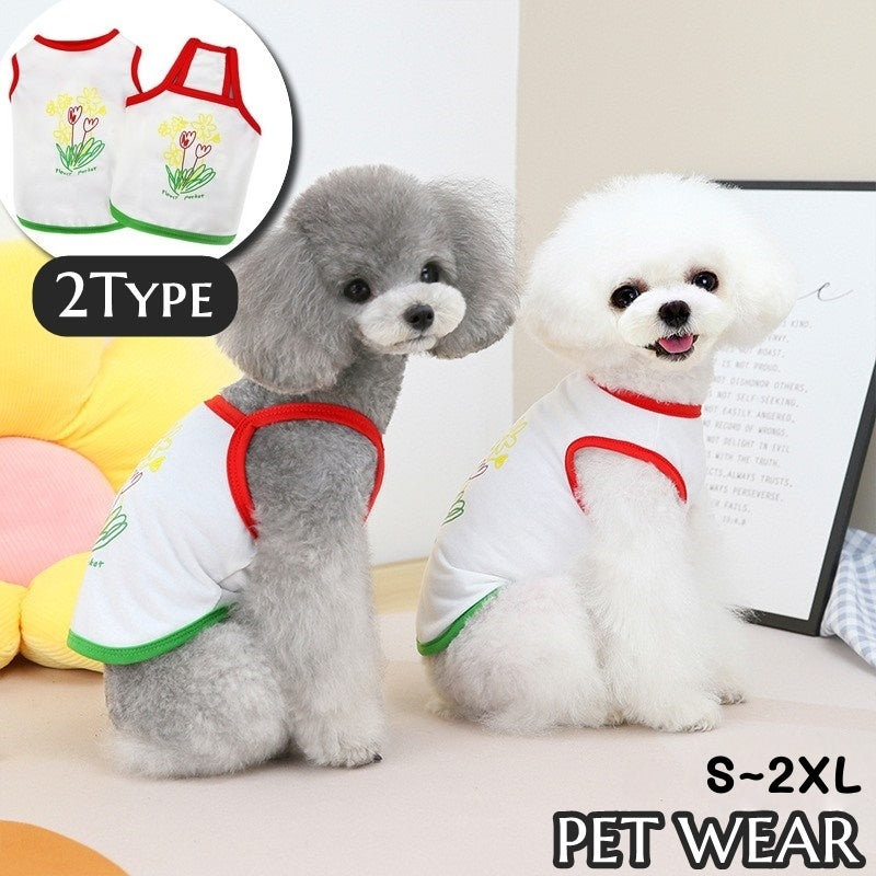 ペットウェア キャミソール タンクトップ 犬 猫 ドッグ キャット 犬服 小型犬 中型犬 ペット用品 ペットグッズ 袖なし ノースリーブ プルオーバー 通気性 お花 チューリップ プリント入り 薄手 可愛い お洒落 カジュアル キュート シンプル お出かけ 部屋着