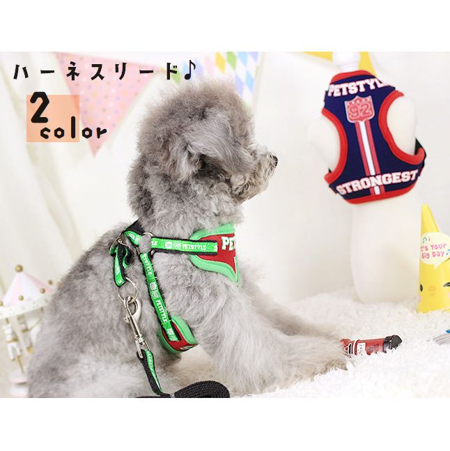 ハーネス リード 犬用 2点セット ペット用品 小型犬 ドッググッズ 牽引ヒモ カジュアル ロゴ おしゃれ お散歩 お出掛け わんちゃん