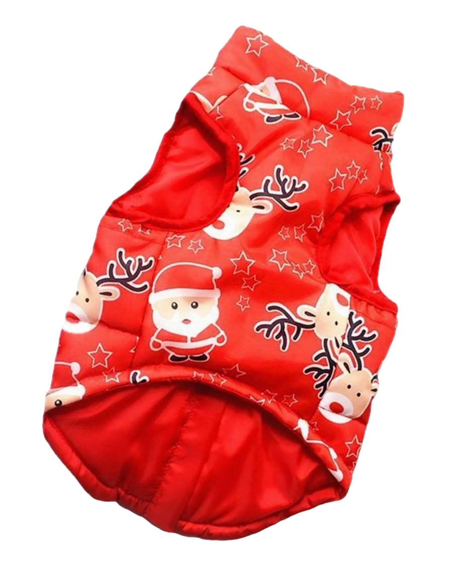 ペットウェア 中綿ベスト チョッキ ドッグ キャット 犬服 猫服 小型犬 中型犬 袖なし 背中ファスナー クリスマス 雪の結晶 かわいい キュート お散歩 お出かけ 防寒 暖かい サンタ ポカポカ