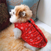 ペットウェア 中綿ベスト チョッキ ドッグ キャット 犬服 猫服 小型犬 中型犬 袖なし 背中ファスナー クリスマス 雪の結晶 かわいい キュート お散歩 お出かけ 防寒 暖かい サンタ ポカポカ