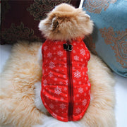 ペットウェア 中綿ベスト チョッキ ドッグ キャット 犬服 猫服 小型犬 中型犬 袖なし 背中ファスナー クリスマス 雪の結晶 かわいい キュート お散歩 お出かけ 防寒 暖かい サンタ ポカポカ