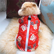 ペットウェア 中綿ベスト チョッキ ドッグ キャット 犬服 猫服 小型犬 中型犬 袖なし 背中ファスナー クリスマス 雪の結晶 かわいい キュート お散歩 お出かけ 防寒 暖かい サンタ ポカポカ