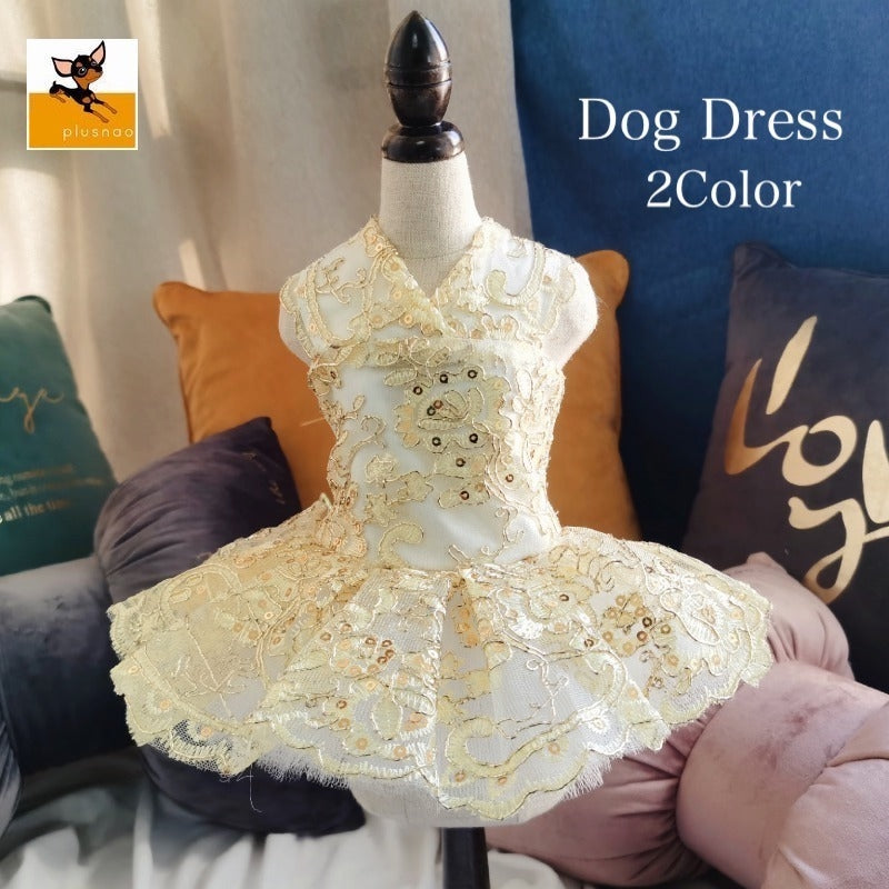 ペットドレス ドッグウエア ペット服 ペットウエア ノースリーブ カシュクール Vネック レース チュール スパンコール 刺繍 犬 愛犬 DOG 犬服 ペット用品 華やか お出掛け 可愛い かわいい ゴールド シルバー