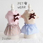 ペットウェア ドッキングワンピース ノ―スリーブ 袖なし チェック柄 リボン ハイネック ギャザー 犬服 犬の服 猫服 ドッグウエア プルオーバー 夏 春 秋 冬 かわいい キュート カジュアル おしゃれ  ネコちゃん イヌ ネコ キャット ドッグ