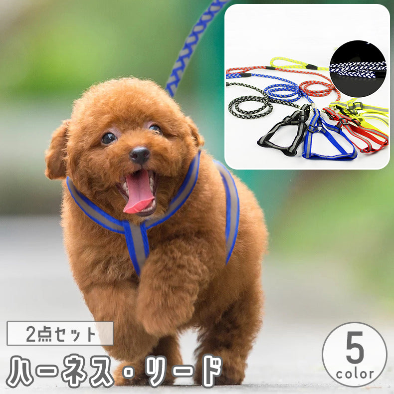 ハーネス リード 2点セット 犬 猫 ペット用品 胴輪 反射 夜間 お散歩 お出かけ 外出 シンプル 紐 ロープ リーシュ 黒 赤 青 いぬ ねこイヌ ネコ