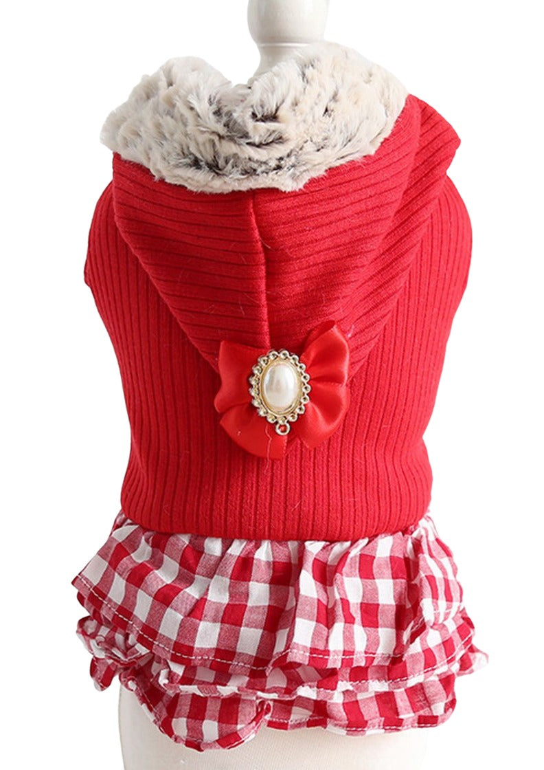 ドッグウエア ペットウエア ワンピース ボア フード付き リボン 犬の服 犬服 猫服 スナップボタン 防寒 あったか チェック柄 前開き カジュアル かわいい おしゃれ ドッキングワンピース 袖なし 犬用 小型犬 中型犬 秋 冬 ペット用品 お出かけ お散歩 ペットグッズ ワンちゃん XS S M L XL