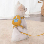 ハーネス リード セット 小型犬 猫 リュック付 胴輪 リーシュ お散歩 お出掛け dog cat ペット用品 ポーチ バッグ 一体型 おしゃれ 可愛い 星 ロゴ ブルー イエロー ピンク グレー