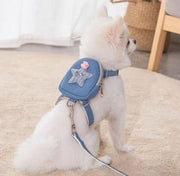 ハーネス リード セット 小型犬 猫 リュック付 胴輪 リーシュ お散歩 お出掛け dog cat ペット用品 ポーチ バッグ 一体型 おしゃれ 可愛い 星 ロゴ ブルー イエロー ピンク グレー