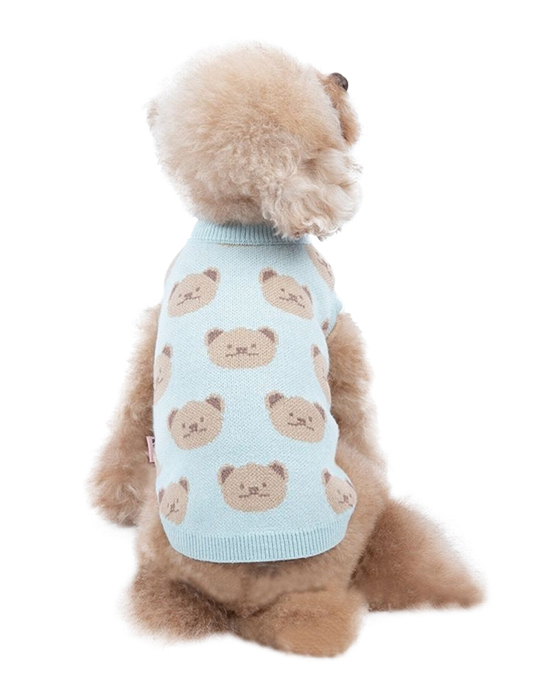 ペットウェア セーター ニット ベスト 犬服 猫服 ドッグ キャット ノースリーブ 刺繍 クマ くま あったか 暖かい 防寒 寒さ対策 散歩 お出かけ かわいい おしゃれ カジュアル 保温 ベアー 熊 ブルー ホワイト