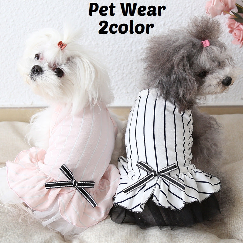 ペットウェア キャミソールワンピース 犬服 猫服 ドッグ キャット ノースリーブ フリル チュール リボン ストライプ かわいい おしゃれ カジュアル お散歩 お出かけ デイリー 普段使い イヌ ネコ ピンク ホワイト