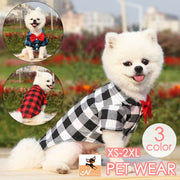 ペットウェア シャツ 蝶ネクタイ 犬服 猫服 洋服 ドッグウェア キャットウェア 袖あり ボタン チェック柄 カジュアル 可愛い お散歩 お出かけ 普段使い ペット服 犬の服 猫の服