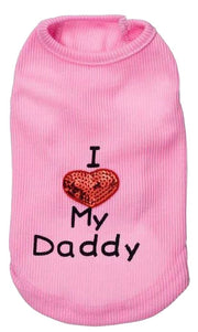 ペット用 犬用 洋服 ドッグウエア プルオーバー 袖なし ノースリーブ アイラブ Mommy Daddy パパ ママ 家族 ギフト プレゼント 犬服 スパンコール ハート 抜け毛防止 春夏秋 文章 英語 超小型犬 XXS 小型犬 中型犬 おしゃれ ピンク ブルー レッド ホワイト ブラック