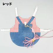 小動物用ハーネス リード 2点セット 兎用 ウサギ チンチラ モルモット ペット服 サロペット風 チェック柄 デニム フェレット 着脱簡単 牽引紐 縄 バックル おしゃれ かわいい カジュアル 記念写真 お出かけ 散歩 外出 ペットグッズ 青 緑 赤 オレンジ