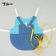 小動物用ハーネス リード 2点セット 兎用 ウサギ チンチラ モルモット ペット服 サロペット風 チェック柄 デニム フェレット 着脱簡単 牽引紐 縄 バックル おしゃれ かわいい カジュアル 記念写真 お出かけ 散歩 外出 ペットグッズ 青 緑 赤 オレンジ