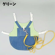 小動物用ハーネス リード 2点セット 兎用 ウサギ チンチラ モルモット ペット服 サロペット風 チェック柄 デニム フェレット 着脱簡単 牽引紐 縄 バックル おしゃれ かわいい カジュアル 記念写真 お出かけ 散歩 外出 ペットグッズ 青 緑 赤 オレンジ
