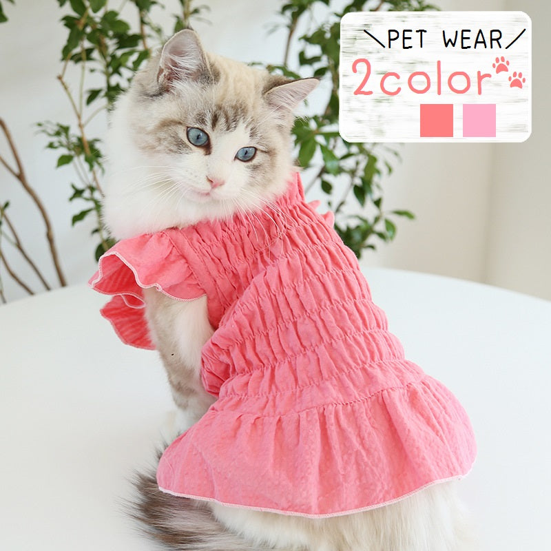 ペットウェア ワンピース 犬服 ネコ 猫服 小型犬 ドッグウェア キャットウェア ペット用品 プルオーバー フリル ギャザー チュニック スクエアネック ひらひら かわいい おしゃれ キュート ガーリー 定番 上品 お出かけ ピンク