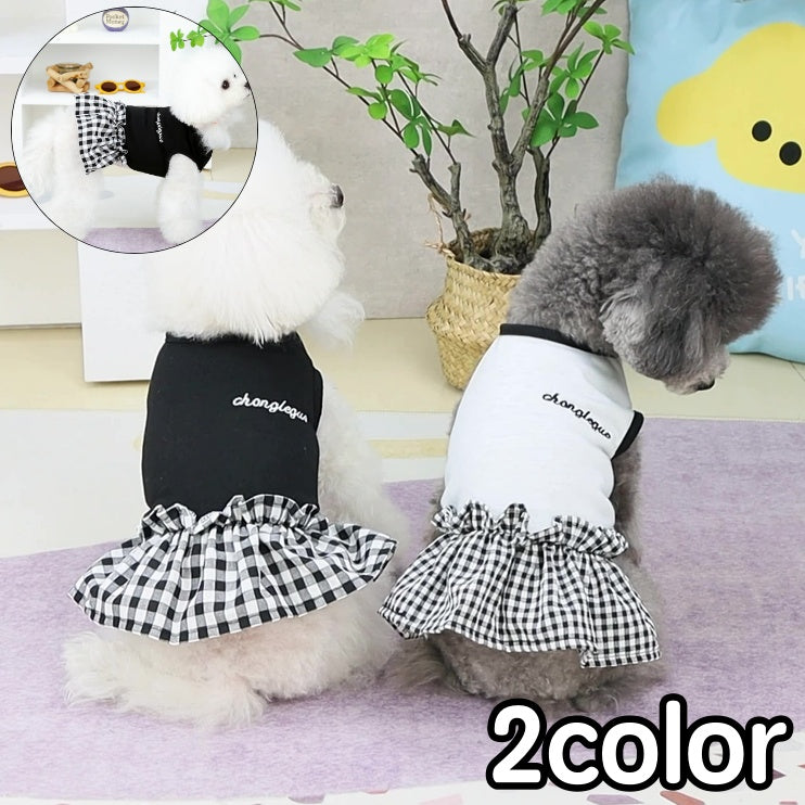 ペットウェア ワンピース ドッキングワンピース 犬服 猫服 洋服 ドッグウェア キャットウェア プルオーバー フリル 袖なし ギンガムチェック チェック柄 ロゴ カジュアル お洒落 可愛い ペット用品