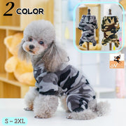 ペットウェア カバーオール 犬服 洋服 ドッグウェア つなぎ ロンパース パジャマ 袖あり フード付き 前ボタン もこもこ 暖かい 迷彩柄 カモフラ柄 カモフラージュ 犬用 カジュアル おしゃれ かわいい お散歩 お出かけ 普段使い ペット服 犬の服