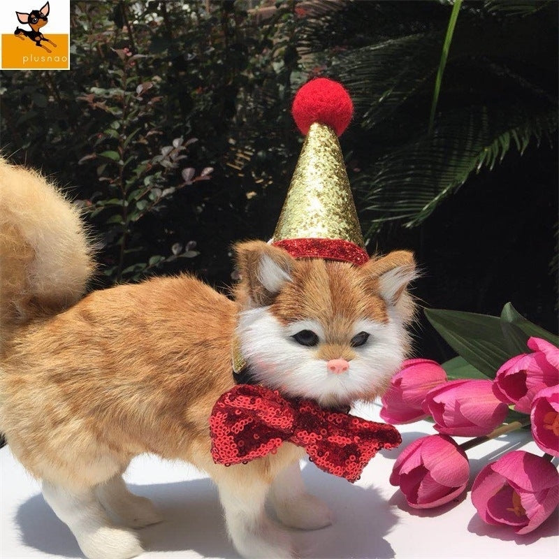 猫用 帽子 ネクタイ 蝶ネクタイ コーンハット 三角帽子 ペット用品 パーティー 誕生日 記念撮影 リボン キラキラ レッド