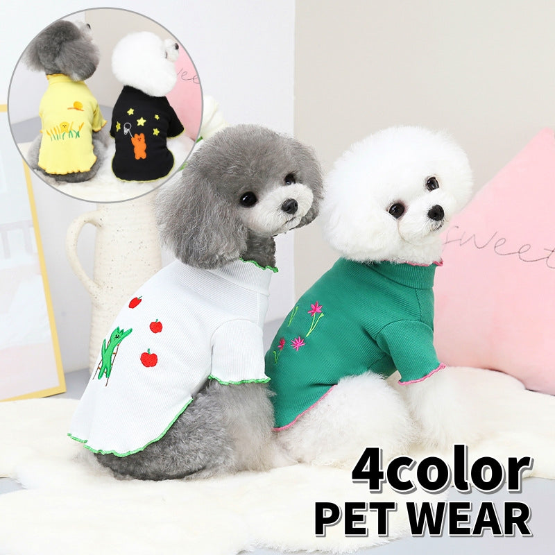 ペット用カットソー ペットウェア 犬服 猫服 リブ フリル 袖あり ドッグウェア 可愛い おしゃれ お出かけ お散歩 記念写真 ギフト プレゼント ワンちゃん ネコちゃん イヌ ネコ キャット ドッグ 黒 白 黄色 緑