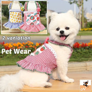 ペットウェア キャミソールワンピース 犬服 猫服 ドッグ キャット ノースリーブ 袖なし ボタン 前開き チェック柄 レース フリル フレア プリント イラスト イチゴ 苺 いちご ストロベリー アヒル 花 フラワー かわいい おしゃれ お出かけ お散歩 デイリー 普段使い 洋服 イヌ ネコ レッド ブルー