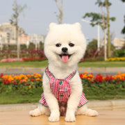 ペットウェア キャミソールワンピース 犬服 猫服 ドッグ キャット ノースリーブ 袖なし ボタン 前開き チェック柄 レース フリル フレア プリント イラスト イチゴ 苺 いちご ストロベリー アヒル 花 フラワー かわいい おしゃれ お出かけ お散歩 デイリー 普段使い 洋服 イヌ ネコ レッド ブルー