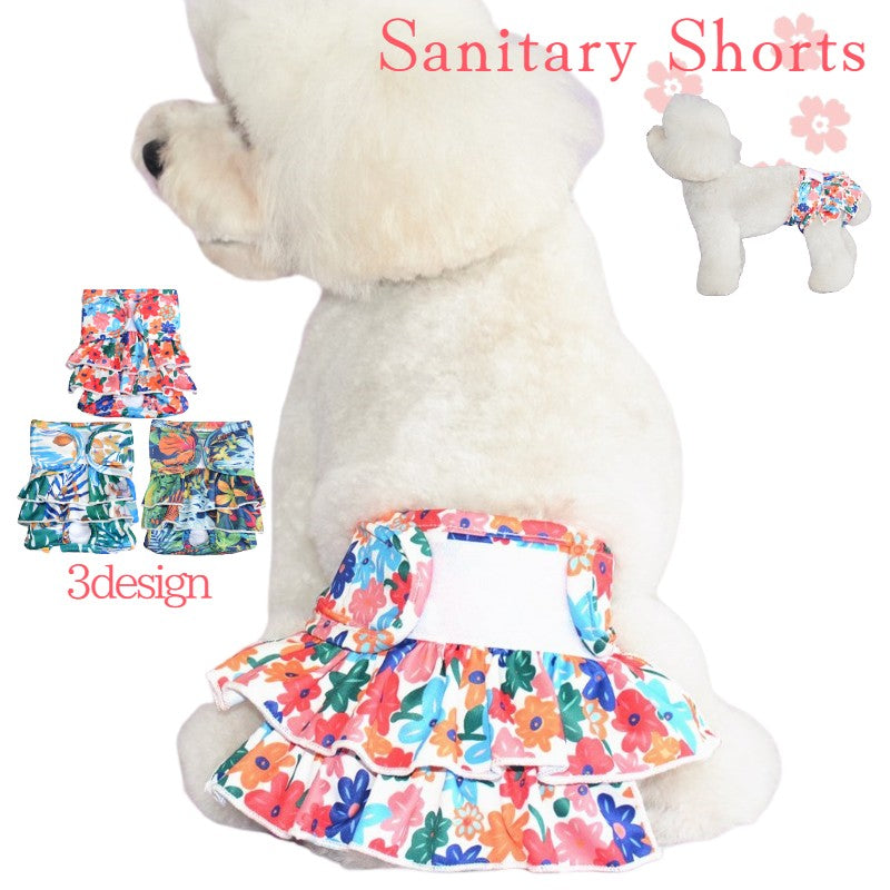 ペット用サニタリーショーツ ペット用サニタリーパンツ ペット用生理パンツ マナーパンツ ペットウェア 犬服 ドッグウェア 小型犬 中型犬 イヌ 猫 ネコ フリルスカート風 マジック テープ 面ファスナー メッシュ 華やか ポップ かわいい キュート