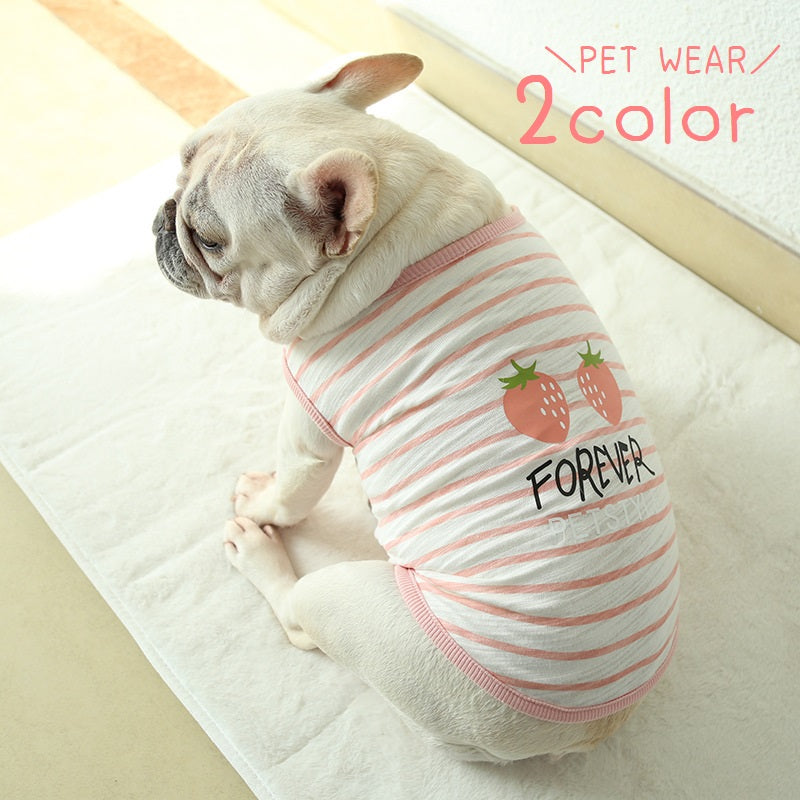 ペットウェア タンクトップ 犬服 ネコ 猫服 小型犬 ドッグウェア キャットウェア ペット用品 プルオーバー 袖なし ノースリーブ ボーダー しましま イチゴ 英字入り プリント入り ラウンドネック かわいい おしゃれ シンプル カジュアル 定番 お出かけ 部屋着 ピンク 緑