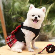 ハーネス リード 2点セット ペット用品 セット 犬 チェック柄 ワンピース スカート リボン かわいい おしゃれ 犬服 ペット服 イヌ 小型犬 中型犬 子犬 ペットウェア ドッグウェア お散歩