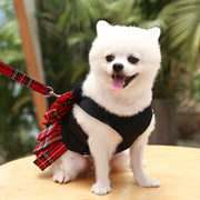 ハーネス リード 2点セット ペット用品 セット 犬 チェック柄 ワンピース スカート リボン かわいい おしゃれ 犬服 ペット服 イヌ 小型犬 中型犬 子犬 ペットウェア ドッグウェア お散歩