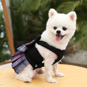 ハーネス リード 2点セット ペット用品 セット 犬 チェック柄 ワンピース スカート リボン かわいい おしゃれ 犬服 ペット服 イヌ 小型犬 中型犬 子犬 ペットウェア ドッグウェア お散歩