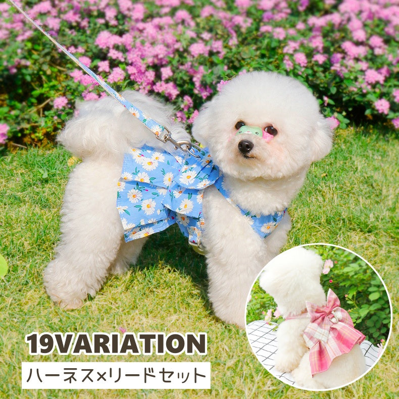 ペット用ハーネス リード 2点セット ペットウェア風 フラワー 花柄 レモン チェック柄 制服風 リボン かわいい おしゃれ ペット服 お散歩 散歩紐 犬服 イヌ