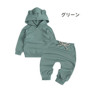 セットアップ 上下セット パーカー ロングパンツ 子供服 ベビー キッズ 男の子 女の子 長袖 フード 耳付き トレーナー ハーレムパンツ サルエルパンツ 無地 シンプル 単色 スポーティー デイリー 通園 通学 普段使い カジュアル