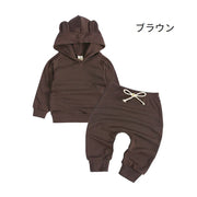 セットアップ 上下セット パーカー ロングパンツ 子供服 ベビー キッズ 男の子 女の子 長袖 フード 耳付き トレーナー ハーレムパンツ サルエルパンツ 無地 シンプル 単色 スポーティー デイリー 通園 通学 普段使い カジュアル