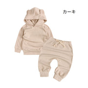 セットアップ 上下セット パーカー ロングパンツ 子供服 ベビー キッズ 男の子 女の子 長袖 フード 耳付き トレーナー ハーレムパンツ サルエルパンツ 無地 シンプル 単色 スポーティー デイリー 通園 通学 普段使い カジュアル