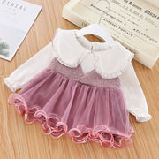 セットアップ カットソー ワンピース 2点セット 子供服 キッズ ベビー 女の子 長袖 フリル襟 袖ゴム クルーネック チュール トップス ボトムス プルオーバー ウエスト切り替え ガーリー おしゃれ お出かけ 通園 通学 80 90 100 110
