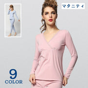 マタニティパジャマ 授乳服 レディース トップス ボトムス 長袖 ロング丈 Vネック シンプル 無地 カシュクール レース 妊婦