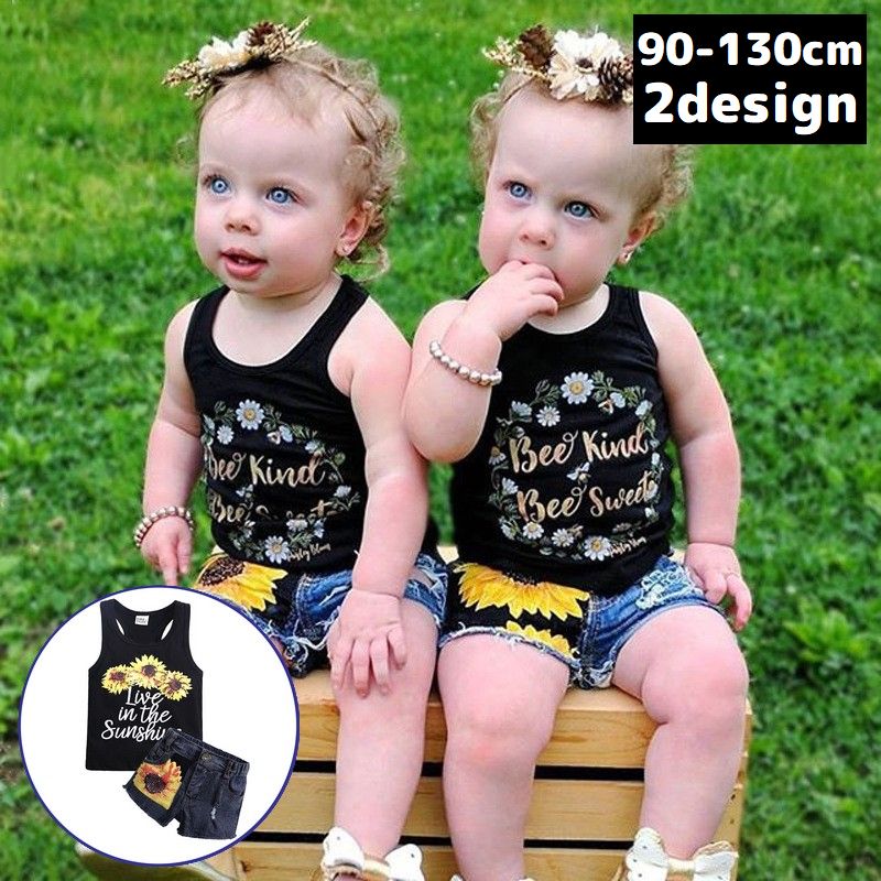 上下セットアップ タンクトップ ショートパンツ 子供服 キッズ 女の子 デニムジーンズ ノースリーブ ロゴ 花 向日葵 ひまわり