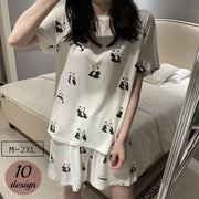 ルームウェア 上下セット レディース 女性用 半袖 半ズボン 短パン 大きいサイズ ゆったり ラウンドネック ビッグシルエット かわいい フルーツ アニマル プリント 総柄 Tシャツ プルオーバー ハーフパンツ 部屋着 パジャマ 寝間着 寝巻 Tシャツ