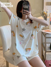 ルームウェア 上下セット レディース 女性用 半袖 半ズボン 短パン 大きいサイズ ゆったり ラウンドネック ビッグシルエット かわいい フルーツ アニマル プリント 総柄 Tシャツ プルオーバー ハーフパンツ 部屋着 パジャマ 寝間着 寝巻 Tシャツ