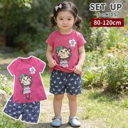 セットアップ 上下セット 子供服 キッズ 女の子 ガールズ ベビー トップス ボトムス カットソー Tシャツ 半袖 ハーフパンツ 半ズボン ラウンドネック ジーパン イラスト入り プリント入り ウエストゴム ゆったり おしゃれ かわいい ヘビロテ シンプル 着回し 定番 お出かけ 部屋着 春 夏