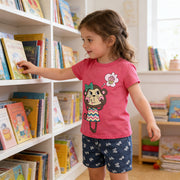 セットアップ 上下セット 子供服 キッズ 女の子 ガールズ ベビー トップス ボトムス カットソー Tシャツ 半袖 ハーフパンツ 半ズボン ラウンドネック ジーパン イラスト入り プリント入り ウエストゴム ゆったり おしゃれ かわいい ヘビロテ シンプル 着回し 定番 お出かけ 部屋着 春 夏
