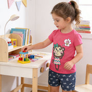 セットアップ 上下セット 子供服 キッズ 女の子 ガールズ ベビー トップス ボトムス カットソー Tシャツ 半袖 ハーフパンツ 半ズボン ラウンドネック ジーパン イラスト入り プリント入り ウエストゴム ゆったり おしゃれ かわいい ヘビロテ シンプル 着回し 定番 お出かけ 部屋着 春 夏