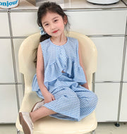 セットアップ 上下セット 女の子 キッズ 子供服 ブラウス ノースリーブ ガウチョパンツ ワイドパンツ チェック柄 フレア 夏