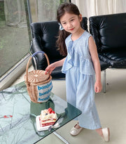セットアップ 上下セット 女の子 キッズ 子供服 ブラウス ノースリーブ ガウチョパンツ ワイドパンツ チェック柄 フレア 夏